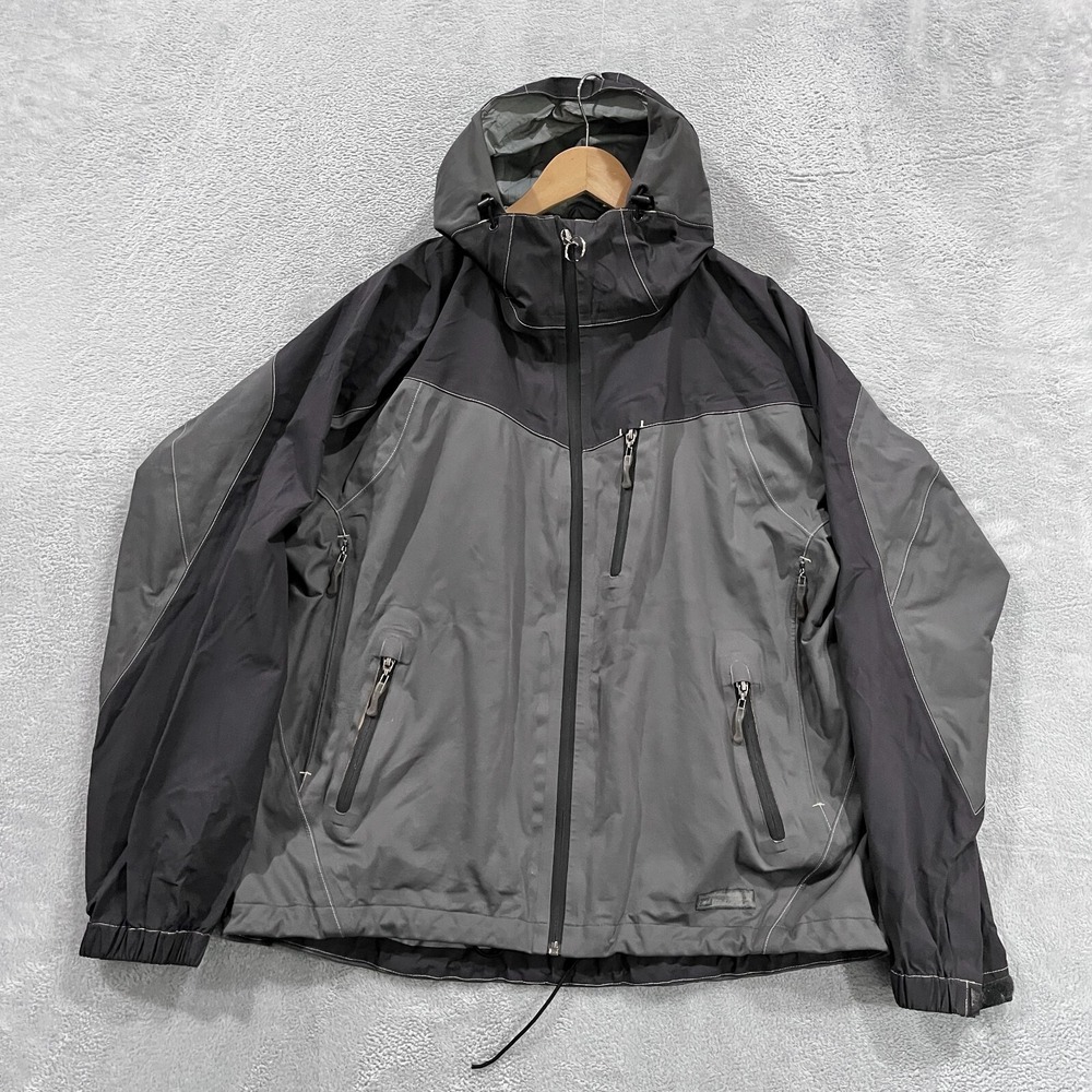 REI E1 Elements Rain Shell‎ Jacket Women XL Gray Black Full Zip Hood Lightweight